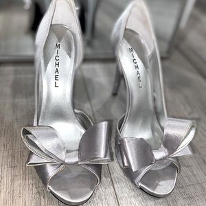 Silver Satin D’Orsay sandals with bow detail